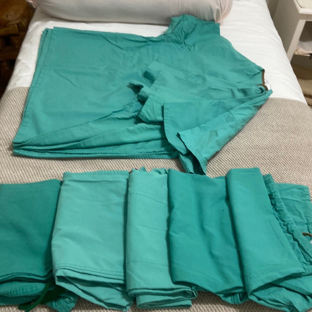 5  pants and 5 tops surgical green scrubs